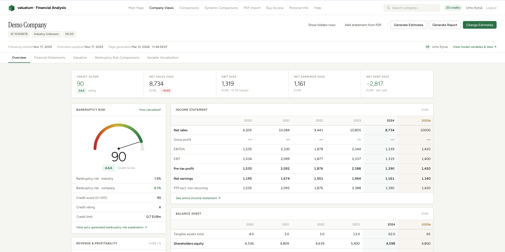 Valuatum Credit Risk platform interface